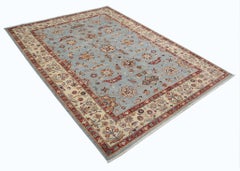 5.7x7.8 ft Traditional Hand Knotted Floral Area Rug in Light Blue and Beige