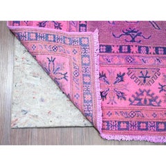 5'7"x7'9" Bubblegum Pink Overdyed Kazak Medallion Design Hand Knotted Wool Rug