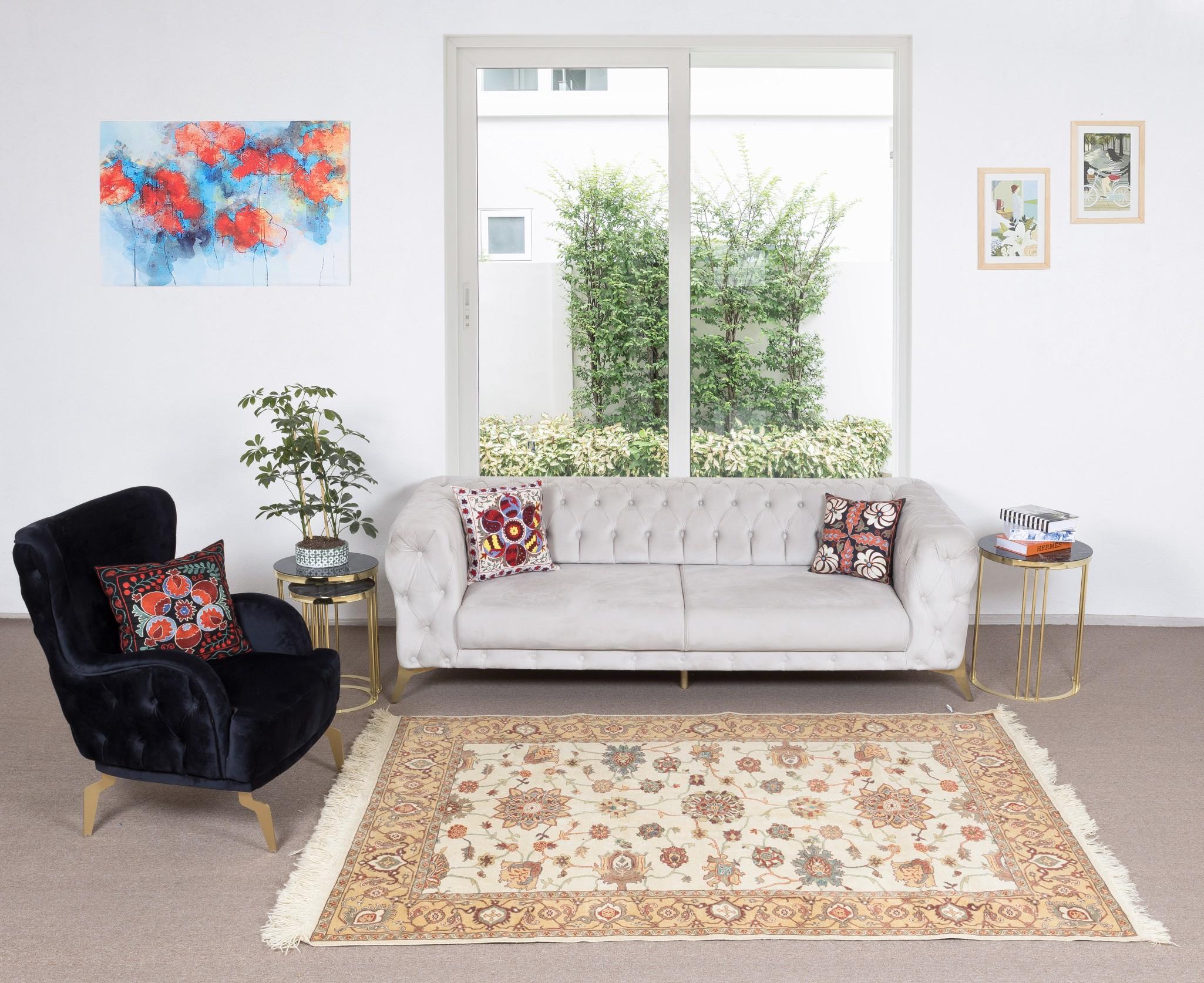 A hand-knotted contemporary Turkish rug.

This modern rug has even medium wool pile on wool foundation.

It is made of premium hand-spun sheep and natural dyes, ie. plant based non chemical dyes making it sought after, rare and special. 

The colors