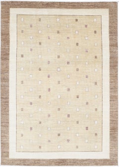 5.7x8 ft Hand Knotted Beige and Taupe Rug. Minimal Geometric Dot Design Carpet