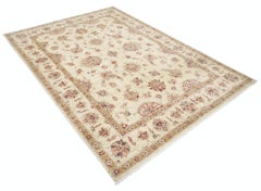 5.7x8 ft Hand Knotted Beige Wool Oushak Area Rug with All-Over Floral Design