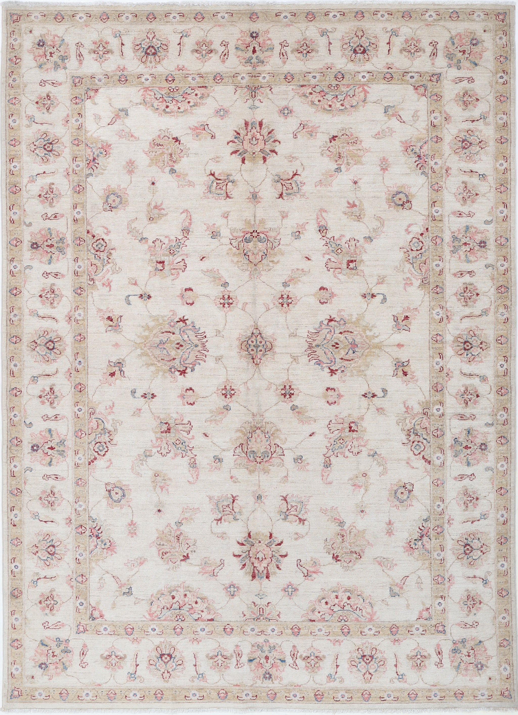 5.7x8 ft Hand Knotted Beige Wool Oushak Area Rug with All-Over Floral Design