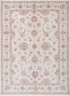 5.7x8 ft Hand Knotted Beige Wool Oushak Area Rug with All-Over Floral Design