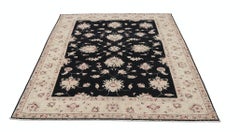 5.7x8 ft Hand Knotted Floral Oushak Area Rug with Black Field and Beige Border