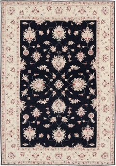 5.7x8 ft Hand Knotted Floral Oushak Area Rug with Black Field and Beige Border