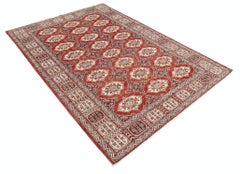 5.7x8 ft Handmade Red, Ivory and Navy Blue Rug with Repeating Geometric Design