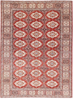 5.7x8 ft Handmade Red, Ivory and Navy Blue Rug with Repeating Geometric Design