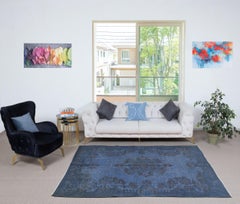 5.7x8 Ft Modern Handmade Turkish Wool Area Rug in Blue. Low Pile Floor Covering