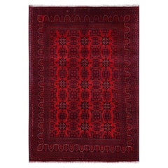 5'7"x8' Red Afghan Andkhoy with Tribal Motif Soft Wool Hand Knotted Rug