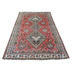 5'7"x8' Red Vintage Persian Shiraz with Bird Figurines Hand Knotted Wool Rug
