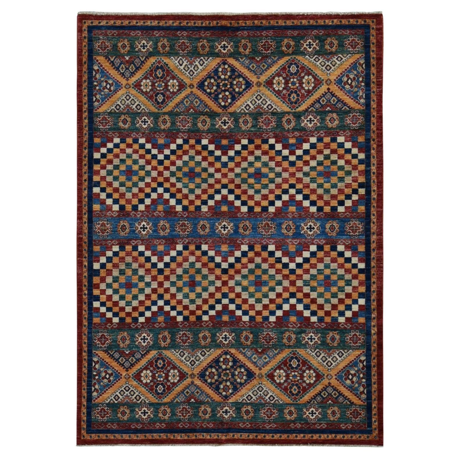 5'7 "x8' Verde Sacramento, Diseño Super Kazak Khorjin, Alfombra de Lana Anudada a Mano