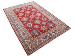 5.7x8.2 ft Handknotted Red, Beige, Navy Blue and Sage Rug with Geometric Design