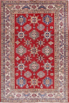 5.7x8.2 ft Handknotted Red, Beige, Navy Blue and Sage Rug with Geometric Design