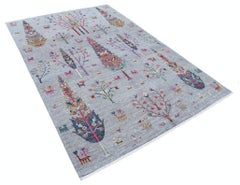 5.7x8.2 ft Handmade Gray Floral & Tree Motif Area Rug in Multicolor Tones