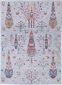 5.7x8.2 ft Handmade Gray Floral & Tree Motif Area Rug in Multicolor Tones