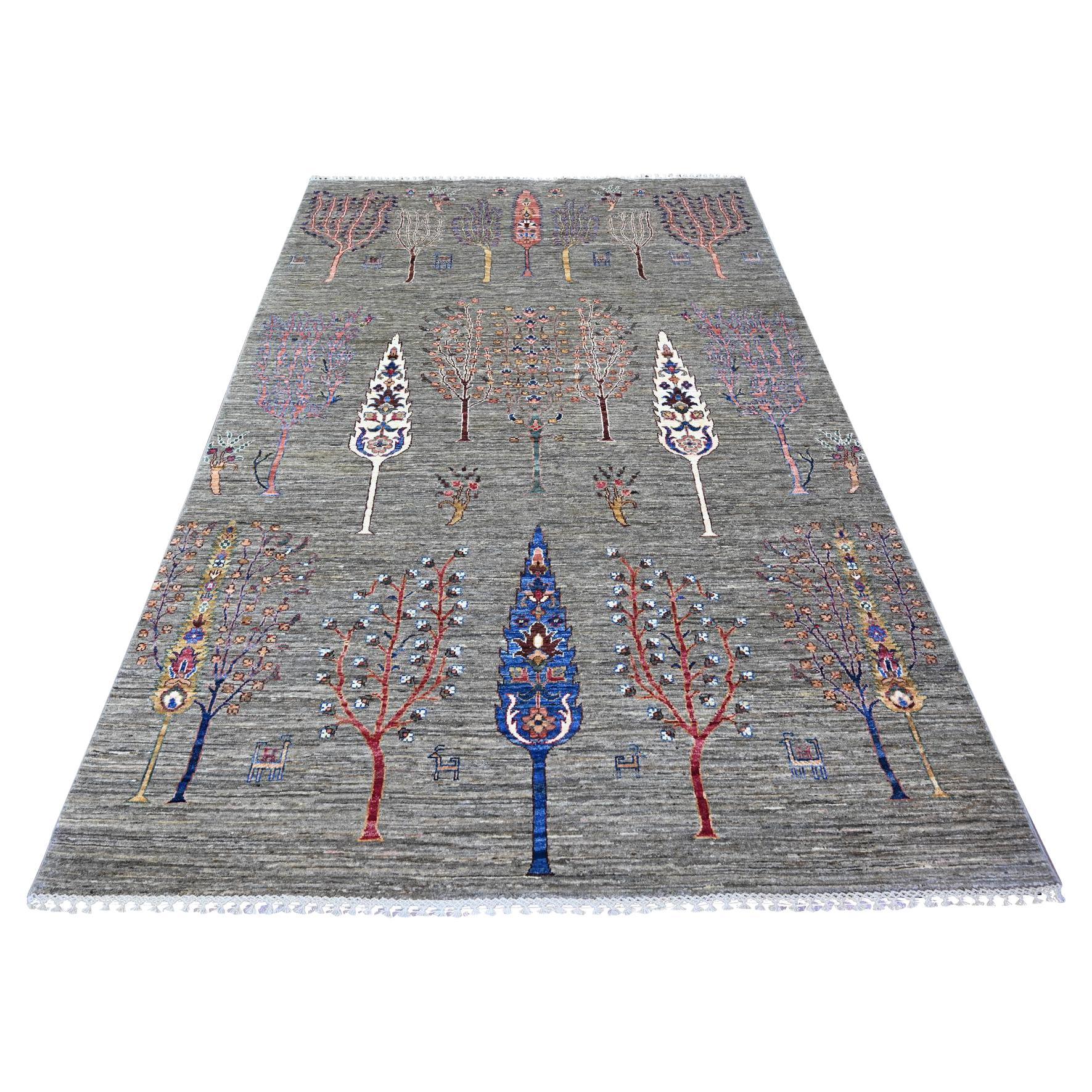 5'7"x8'3" Gray Wool Vegetables Dyes Tree and Animal Figurines Hand Knotted Rug For Sale