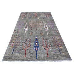 5'7"x8'3" Gray Wool Vegetables Dyes Tree and Animal Figurines Hand Knotted Rug