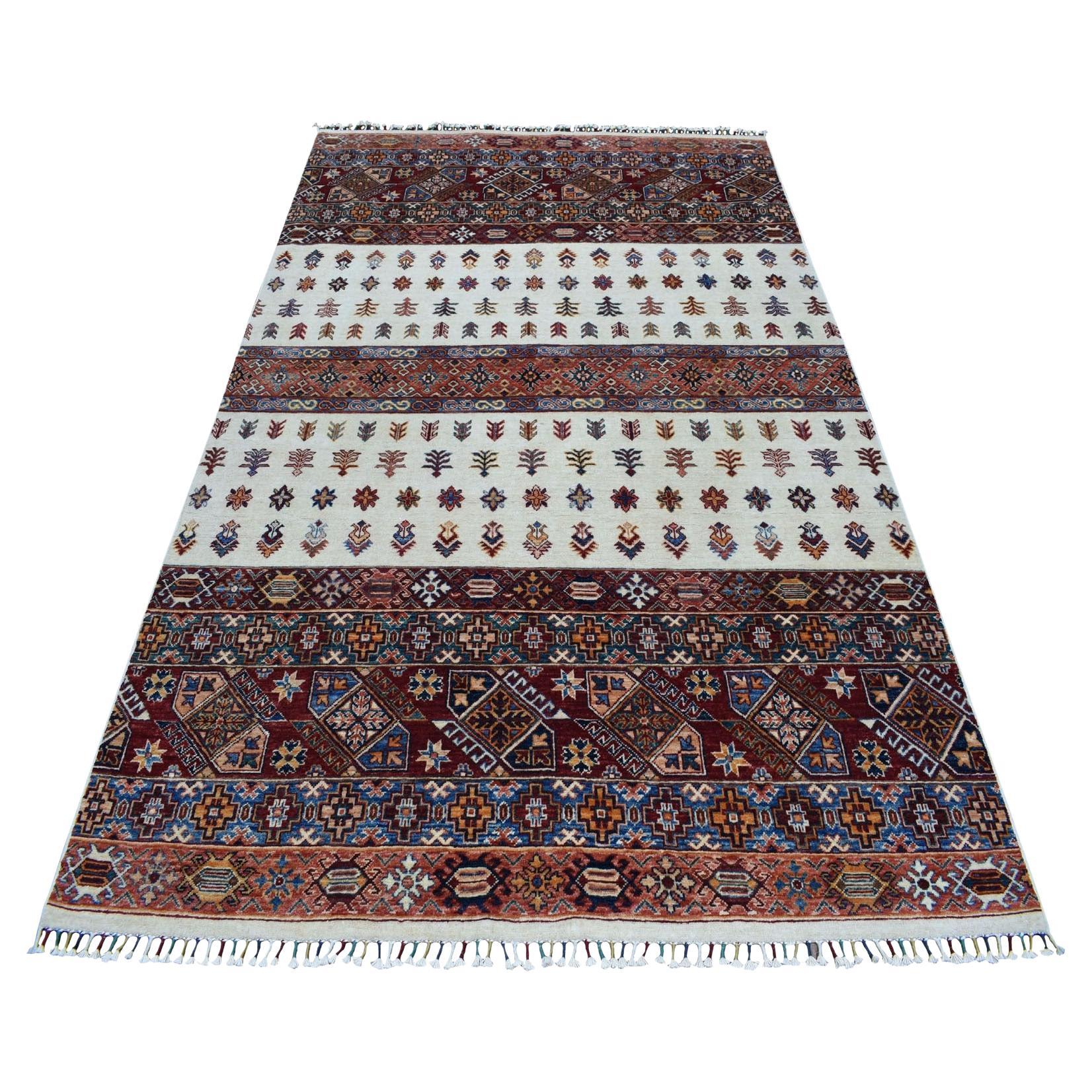 5'7"x8'4" Khorjin Design Ivory Super Kazak Geometric Hand Knotted Pure Wool Rug