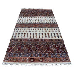 5'7"x8'4" Khorjin Design Ivory Super Kazak Geometric Hand Knotted Pure Wool Rug