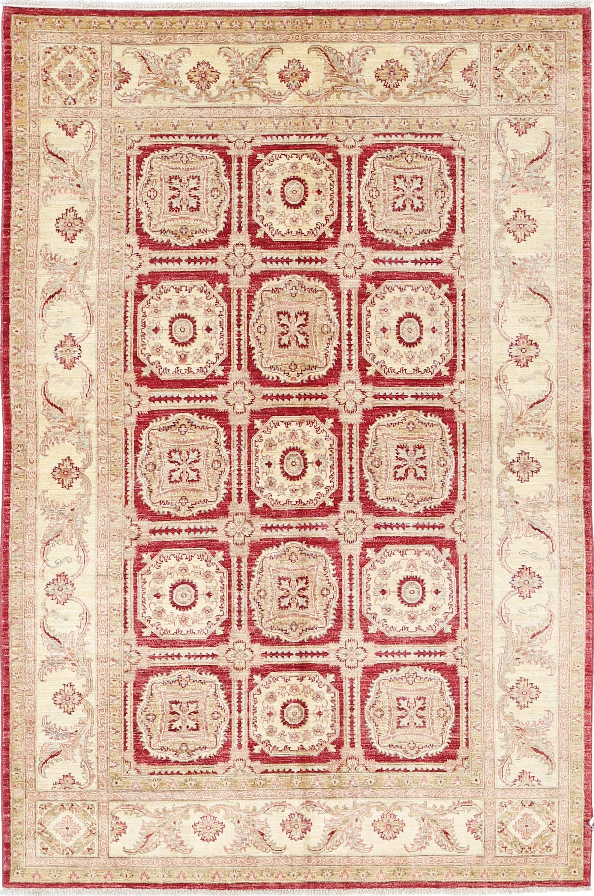 5.7x8.6 ft Hand Knotted Red, Beige Wool Rug. Geometric Floral Pattern Carpet