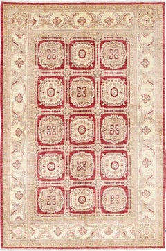5.7x8.6 ft Hand Knotted Red, Beige Wool Rug. Geometric Floral Pattern Carpet