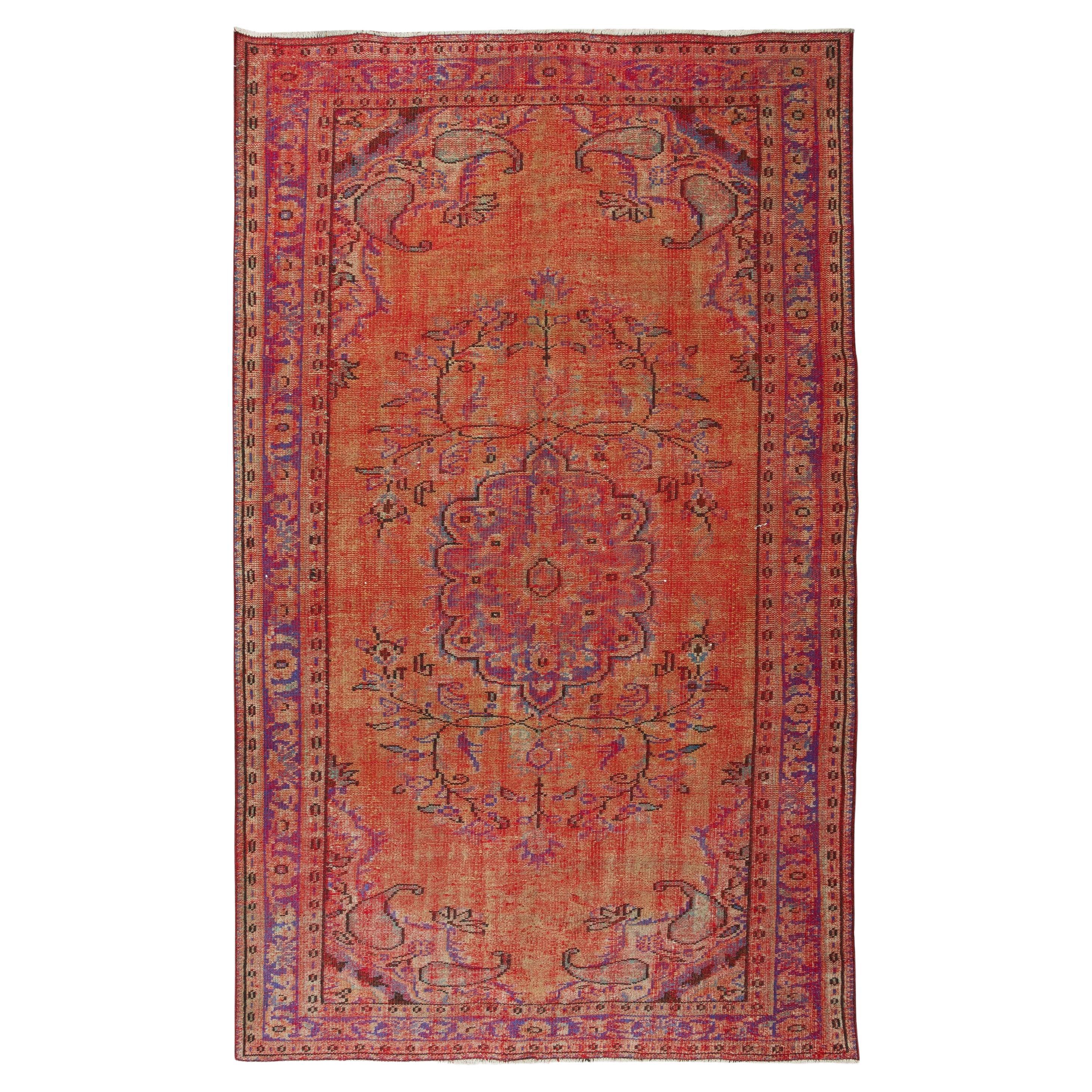 1960s, Orange Overdyed Rug for Modern Interiors, Turkish Handmade Carpet
