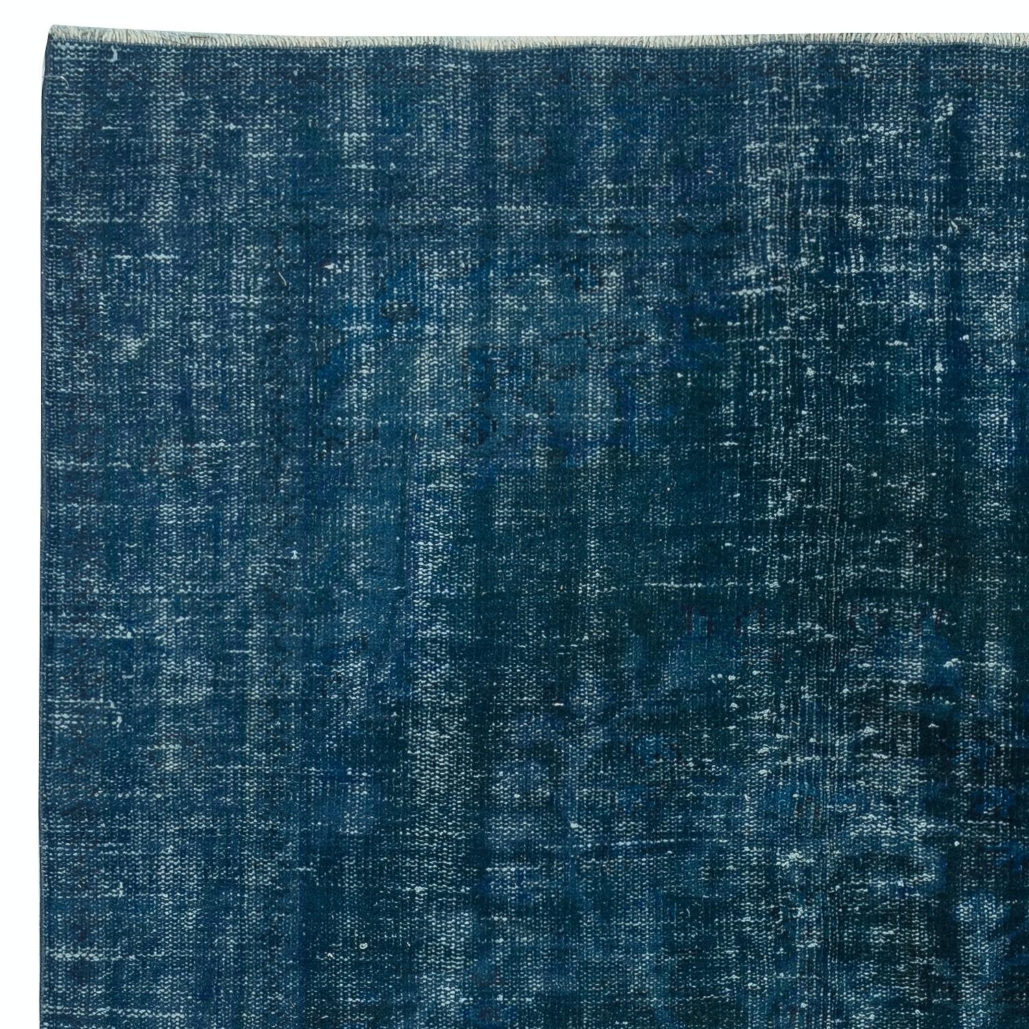 Hand-Knotted 5.7x9 Ft Contemporary Handmade Turkish Area Rug Over-Dyed in Navy Blue Color For Sale