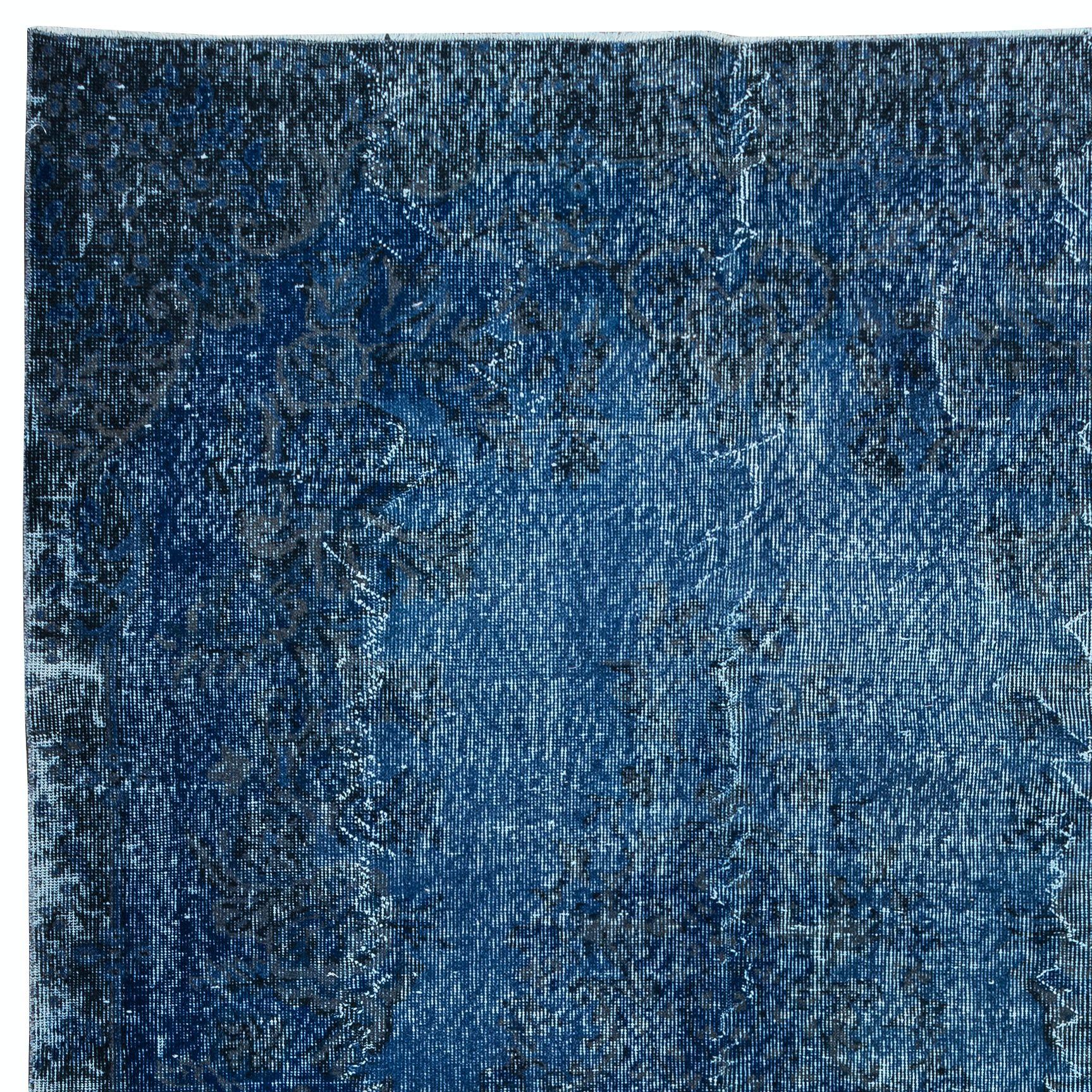 Modern 5.7x9 Ft Contemporary Overdyed Hand Knotted Wool Blue Area Rug from Turkey For Sale