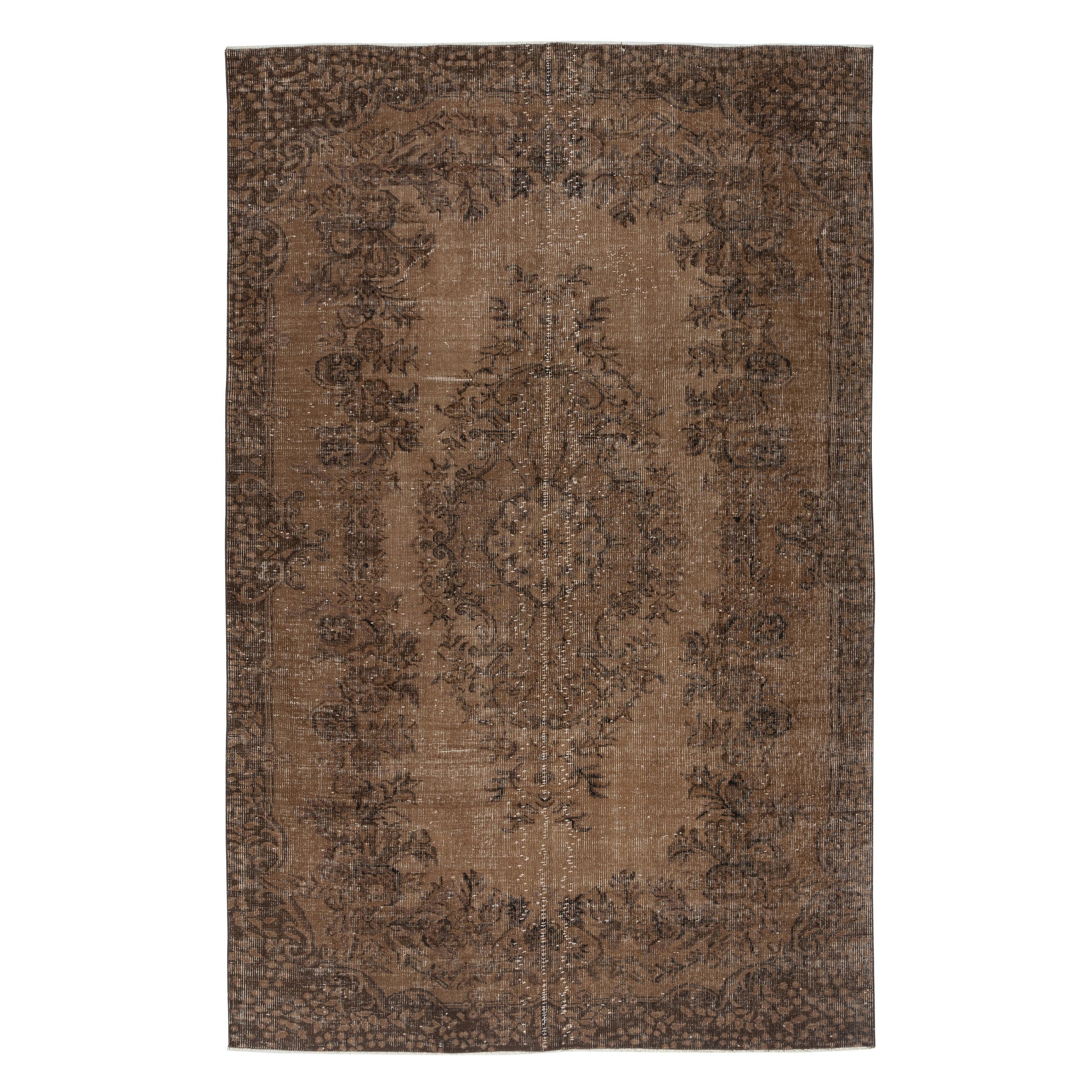 5.7x9 Ft Tappeto vintage annodato a mano e sovratinto in colore marrone per interni moderni