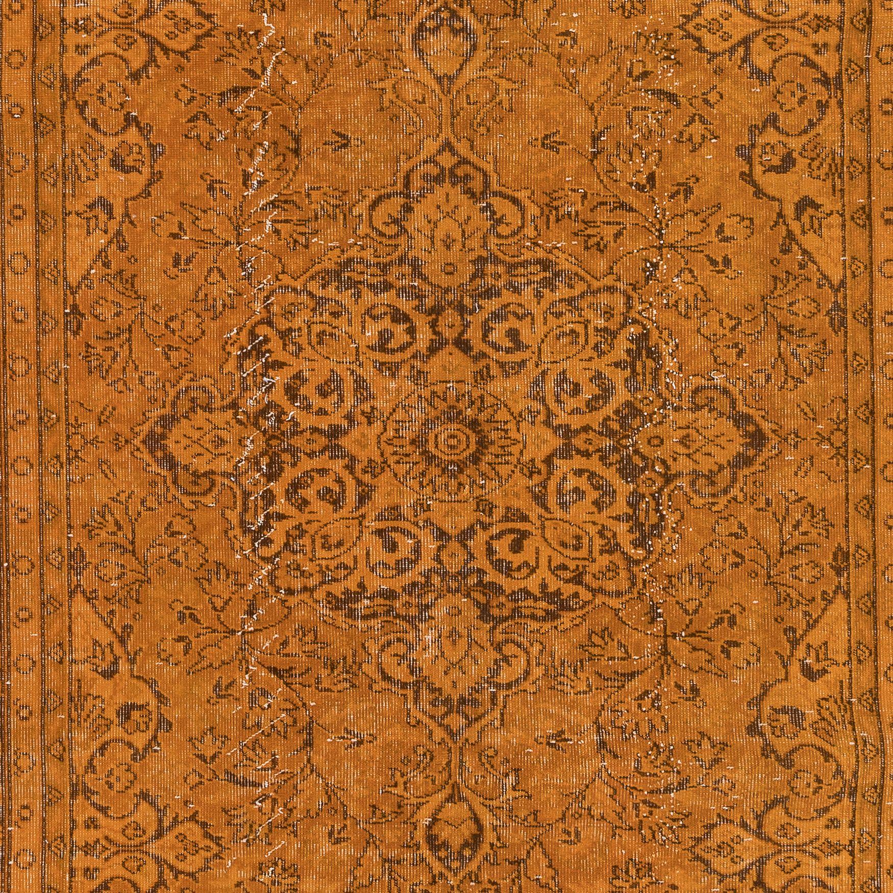Turkish 5.7x9 Ft Hand-Made Central Anatolian Area Rug in Orange, Modern Wool Carpet For Sale