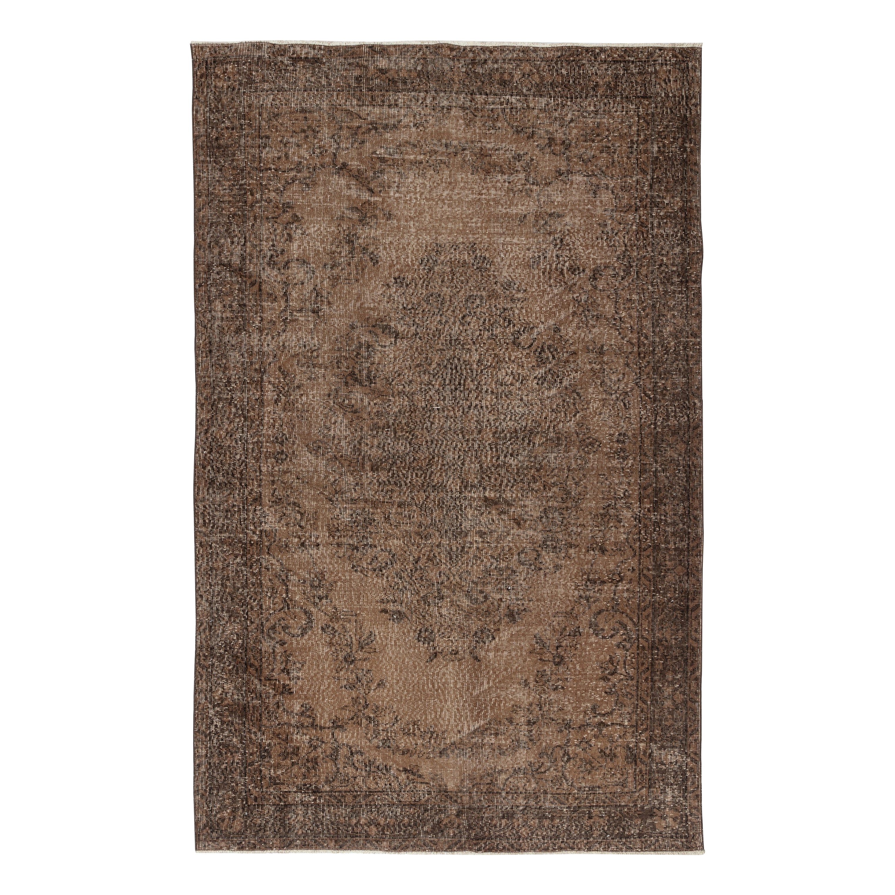 5.7x9 Ft Handgefertigter Türkischer Teppich. Brauner überfärbter Vintage-Teppich für modernes Zuhause