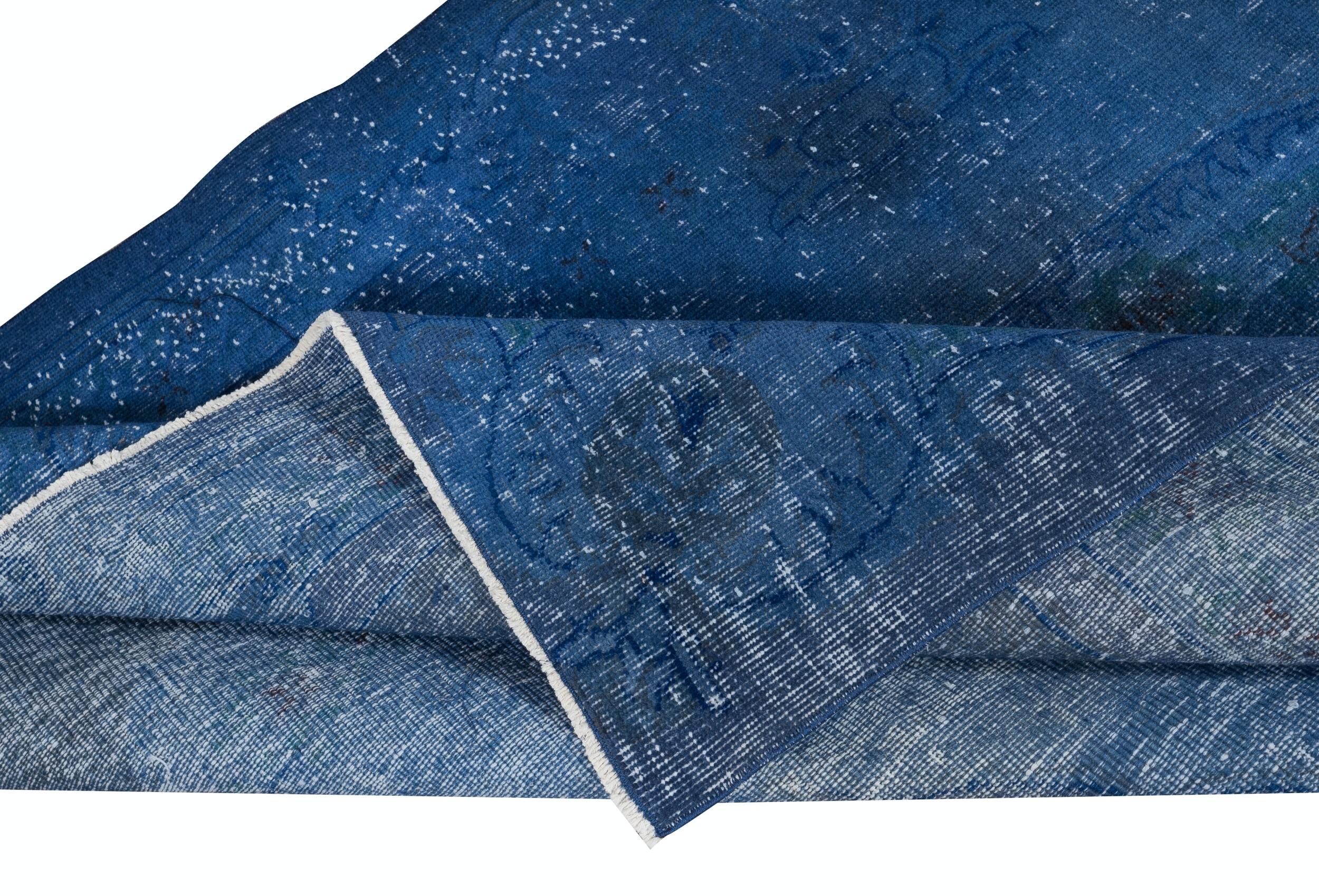 Modern 5.7x9 Ft Shabby Chic Blue Color Area Rug. Distressed Handmade Turkish Carpet For Sale