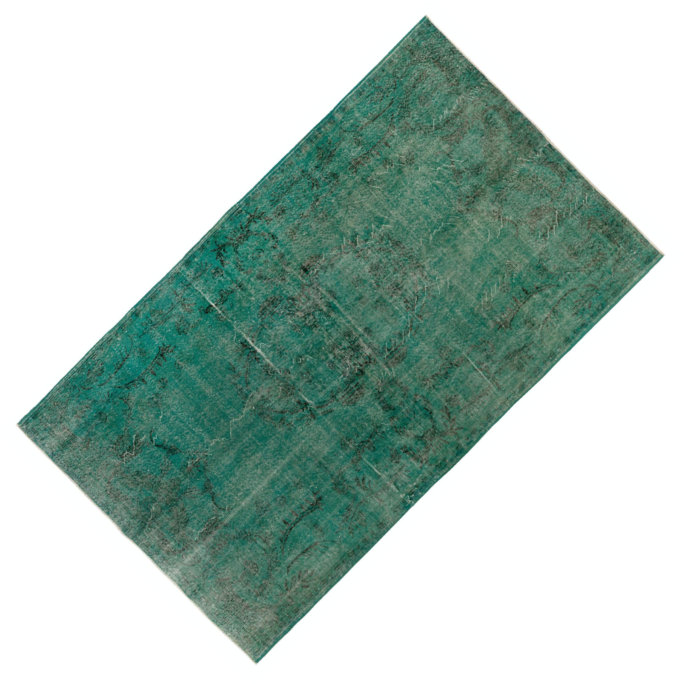 Turkish 6x9 Teal Color OverDyed Distressed Vintage Rug. Wool Carpet for Modern Interiors For Sale