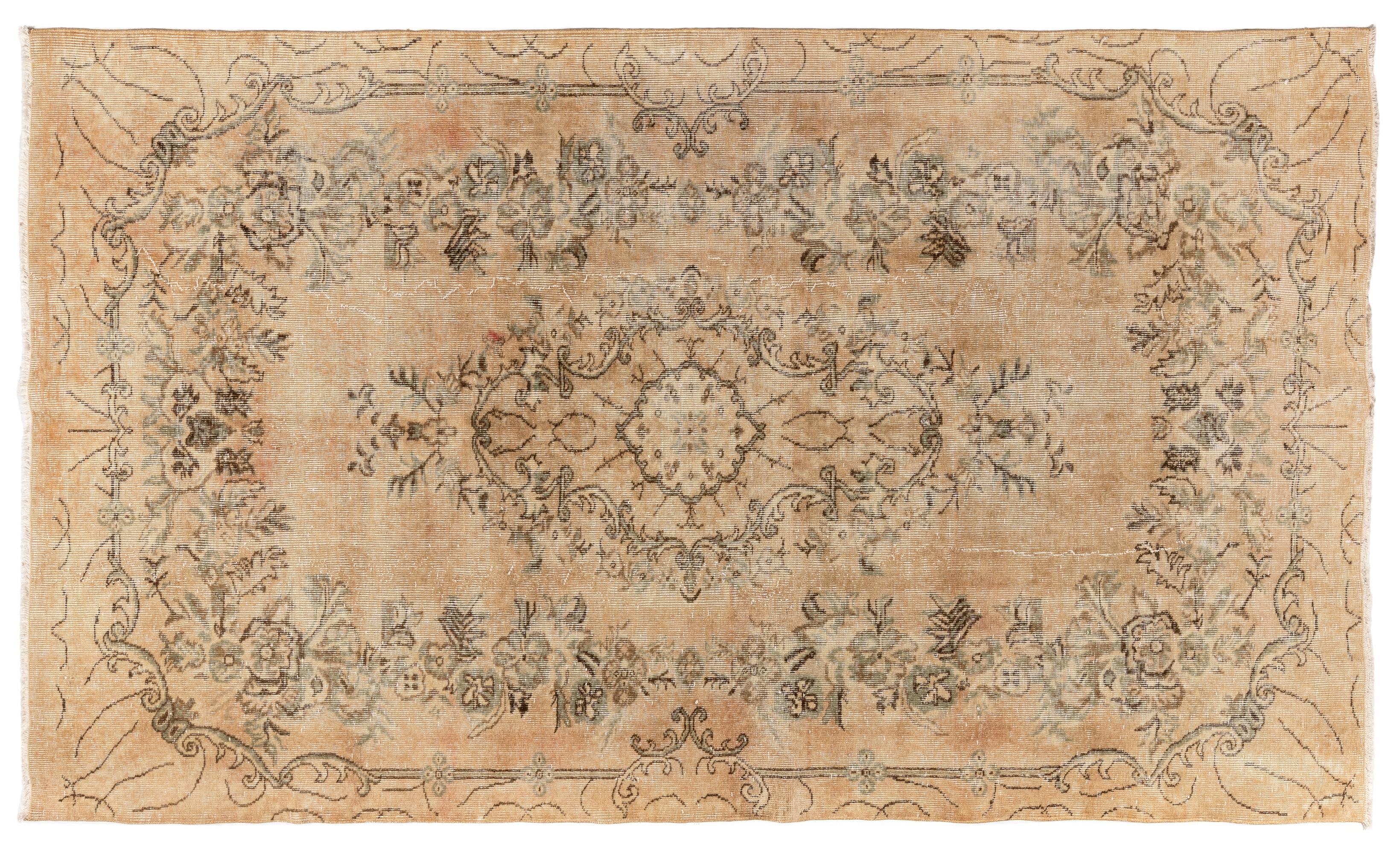 5.7x9 Ft Sun Faded Türkischer Teppich mit Medaillon-Design, Beige Handgefertigter Wollteppich (Oushak) im Angebot