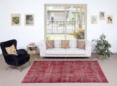 5.7x9 Ft Vintage Handmade Wool Rug. Red Turkish Area Rug for Modern Home