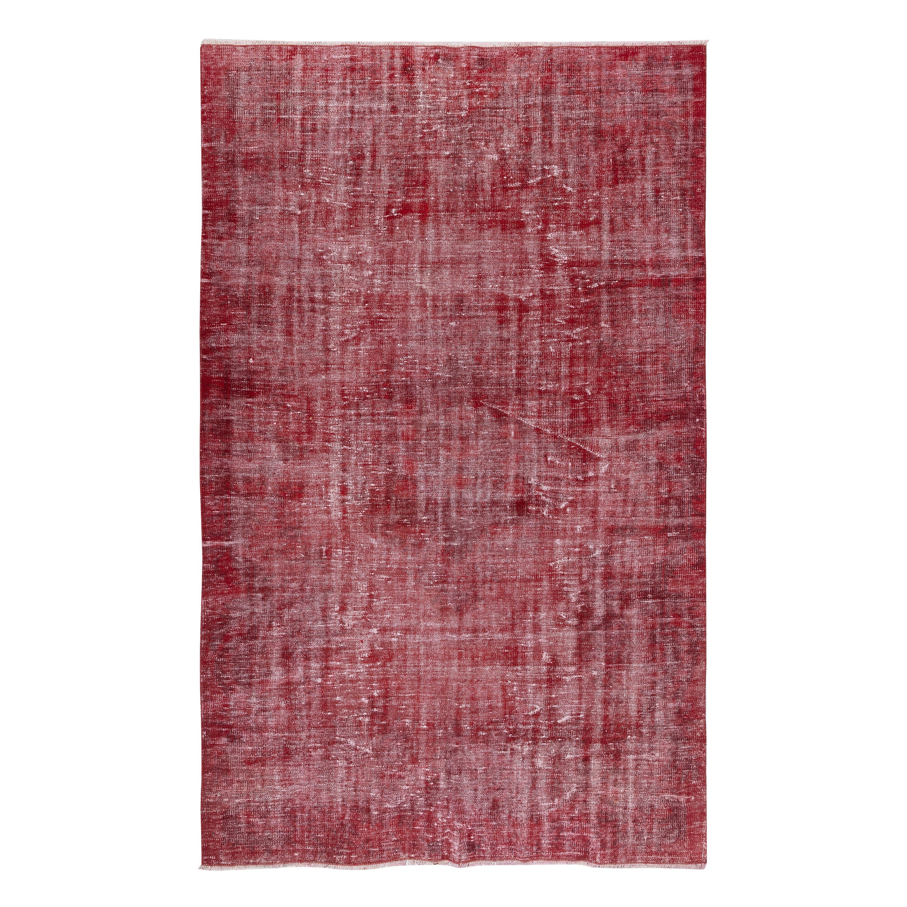 5.7x9 Ft Vintage Handmade Wool Rug. Roter türkischer Vorleger für das moderne Zuhause