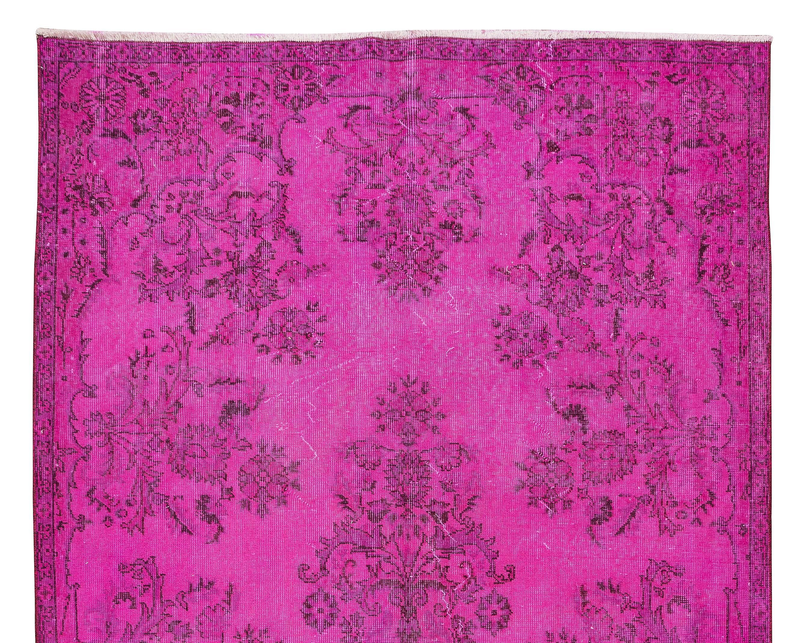 Modern 5.7x9.2 Ft Vintage Rug Over-dyed in Hot Pink for Living Room, Handmade in Turkey For Sale