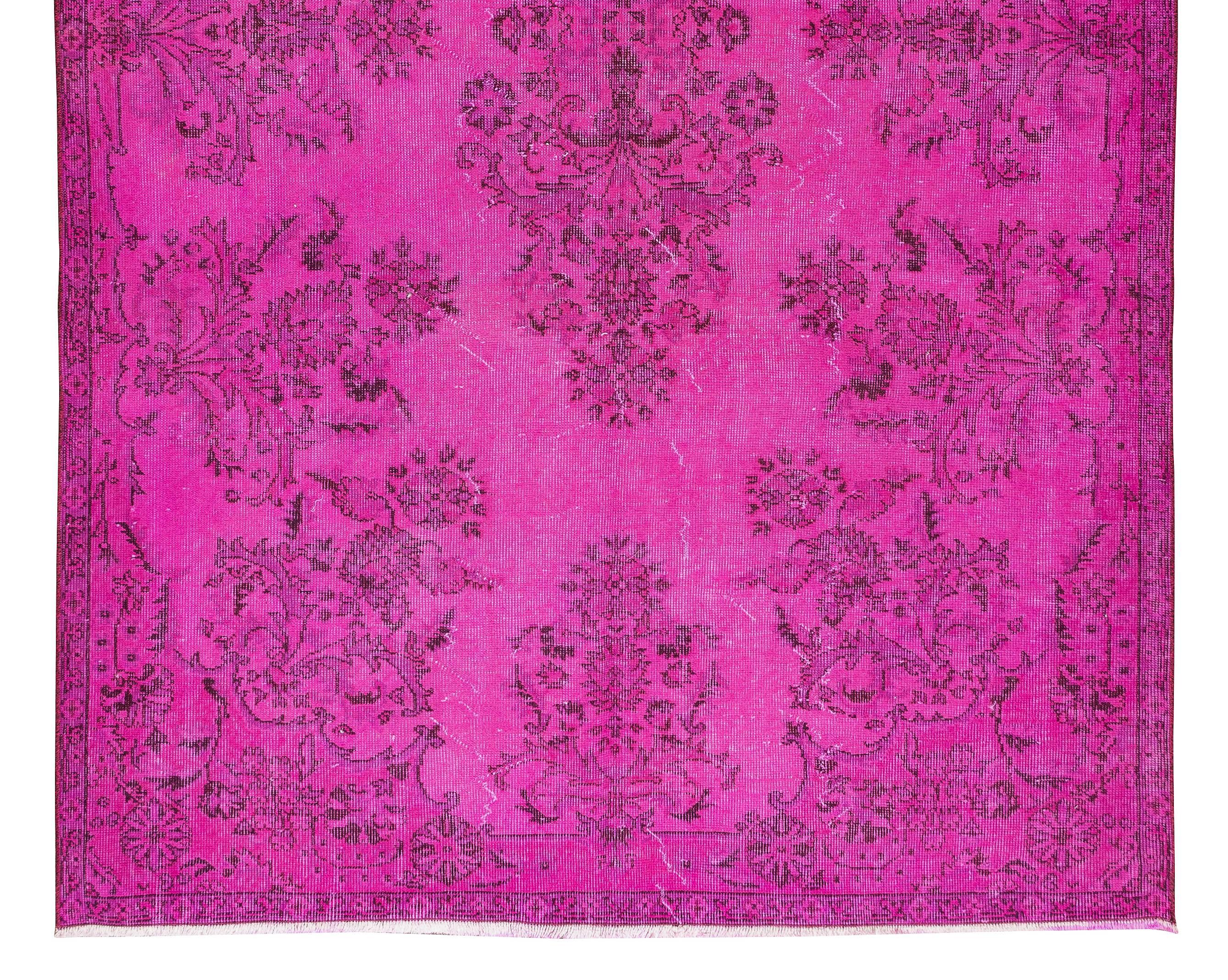 Turkish 5.7x9.2 Ft Vintage Rug Over-dyed in Hot Pink for Living Room, Handmade in Turkey For Sale