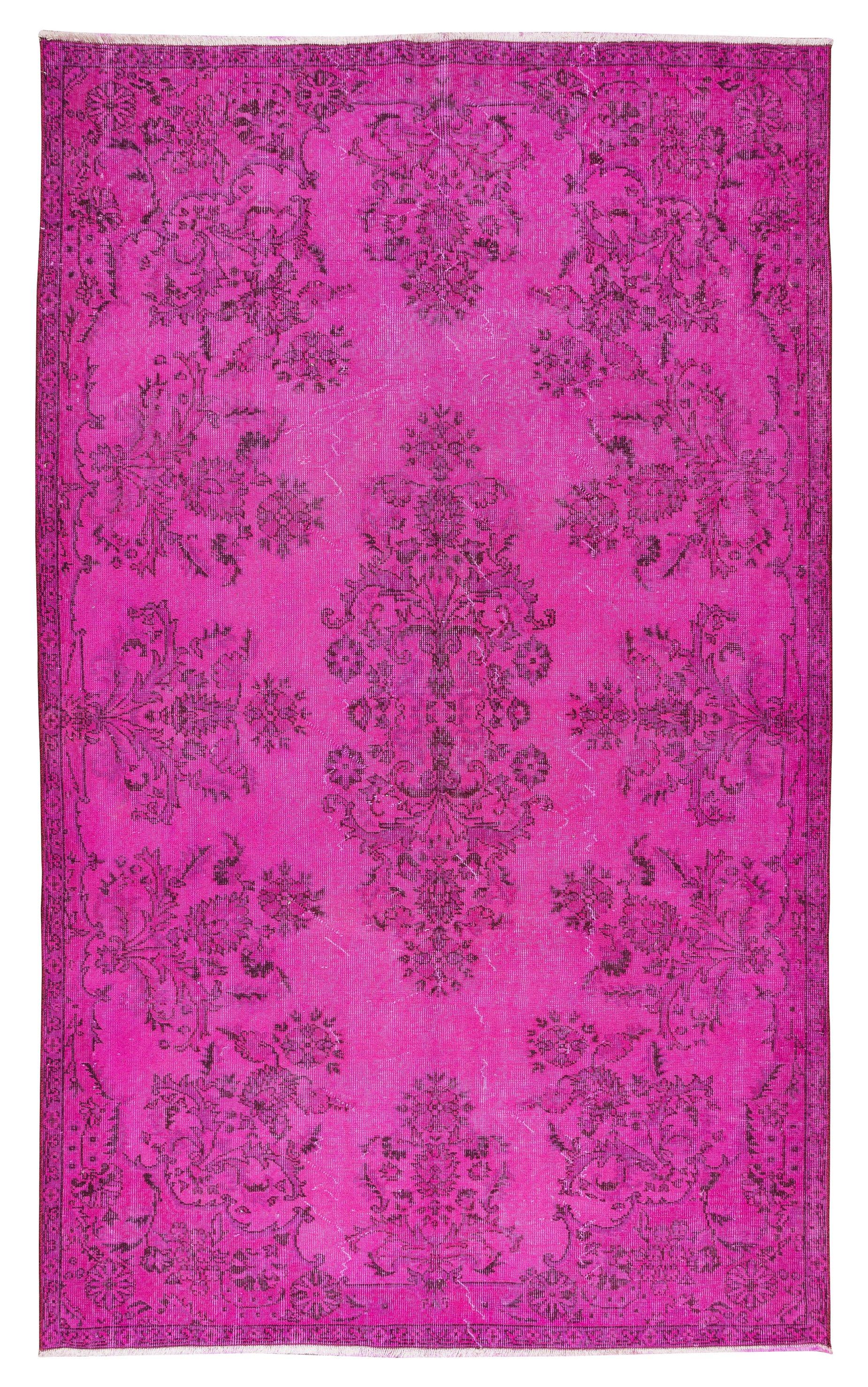 5.7x9.2 Ft Vintage Rug Over-dyed in Hot Pink for Living Room, Handmade in Turkey