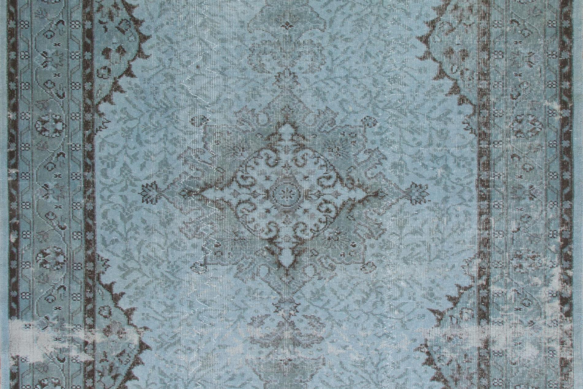 Turkish 5.7x9.3 Ft Hand-Knotted Vintage and Modern Area Rug Overdyed in Light Blue Color