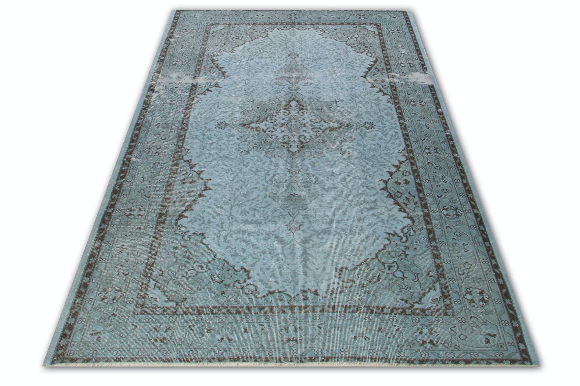 20th Century 5.7x9.3 Ft Hand-Knotted Vintage and Modern Area Rug Overdyed in Light Blue Color