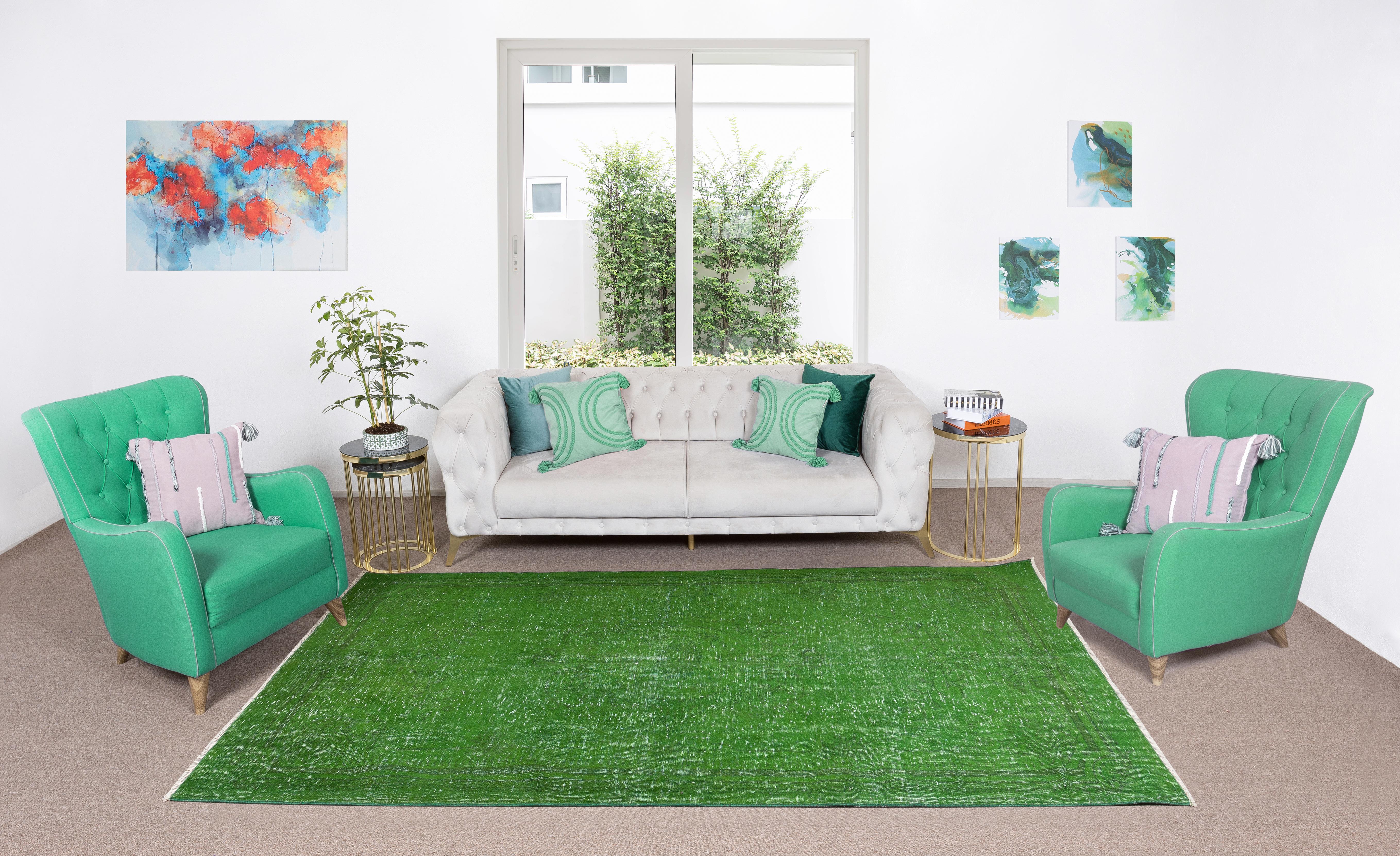 Modern 5.7x9.3 Ft Vivid Green Turkish Area Rug, Solid Handmade Living Room Decor Carpet For Sale
