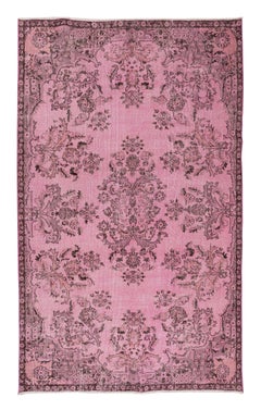 5.7x9.3 Ft Vintage Handmade Turkish Rug Redyed in Pink with Floral Garden Design