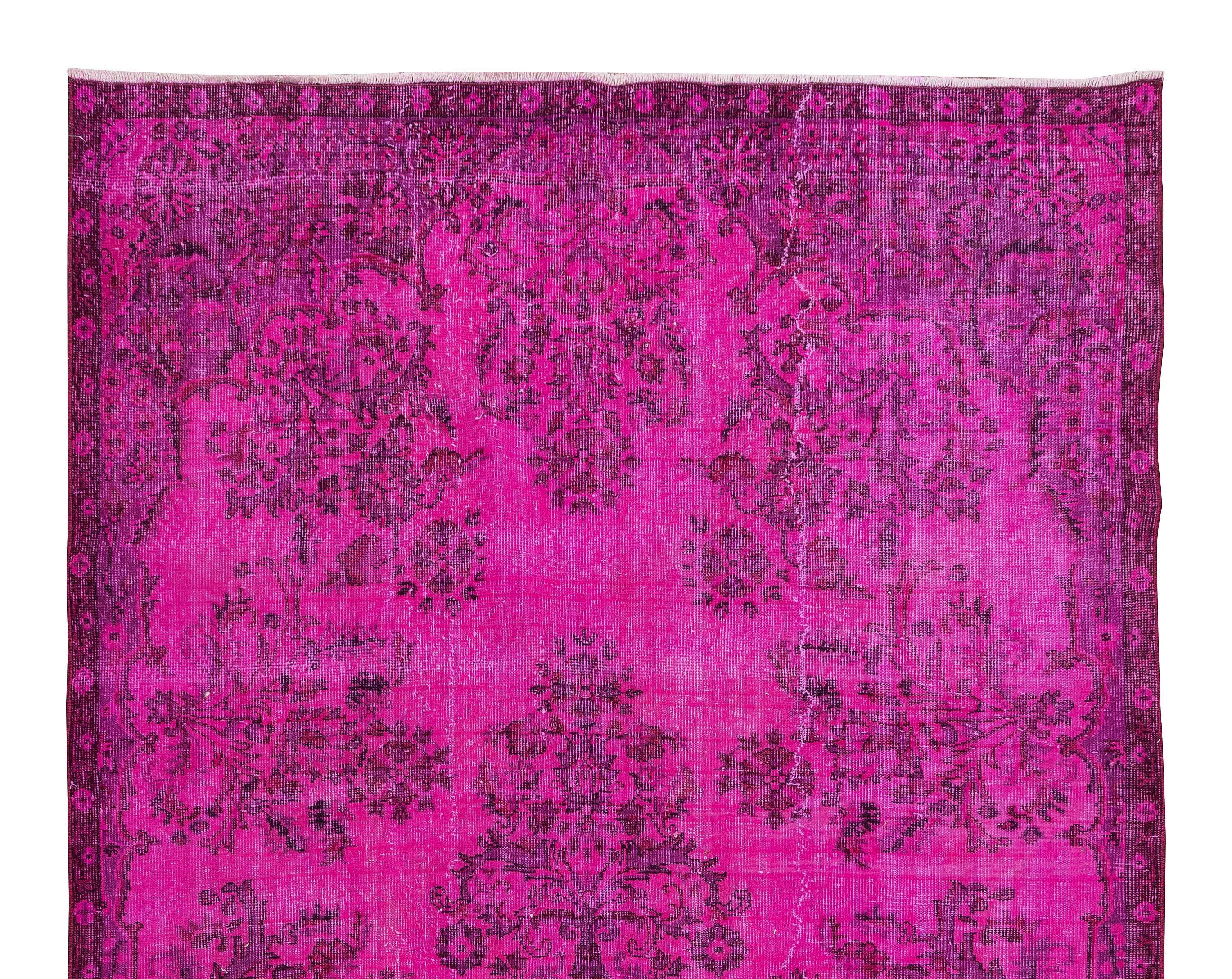 Turkish 5.7x9.5 Ft Vintage Rug Over-Dyed in Pink for Living Room, Hand Knotted in Turkey For Sale