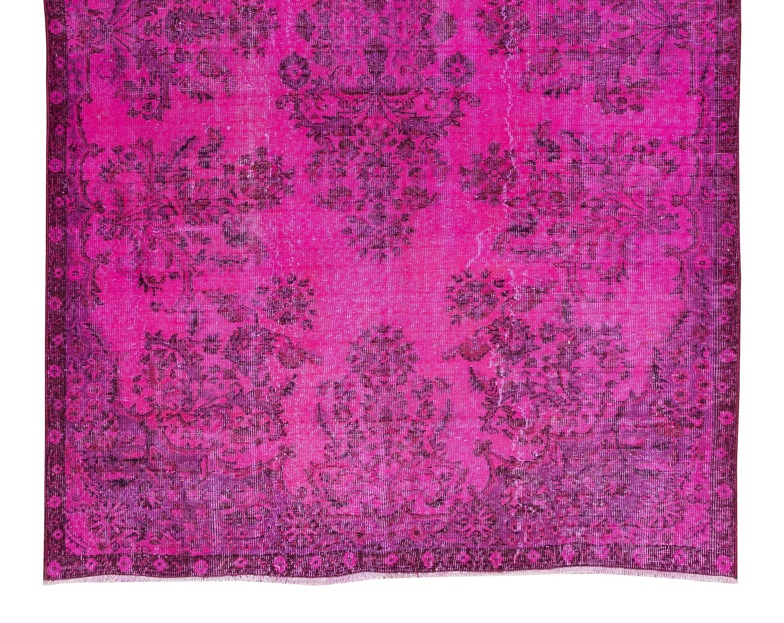 Hand-Knotted 5.7x9.5 Ft Vintage Rug Over-Dyed in Pink for Living Room, Hand Knotted in Turkey For Sale