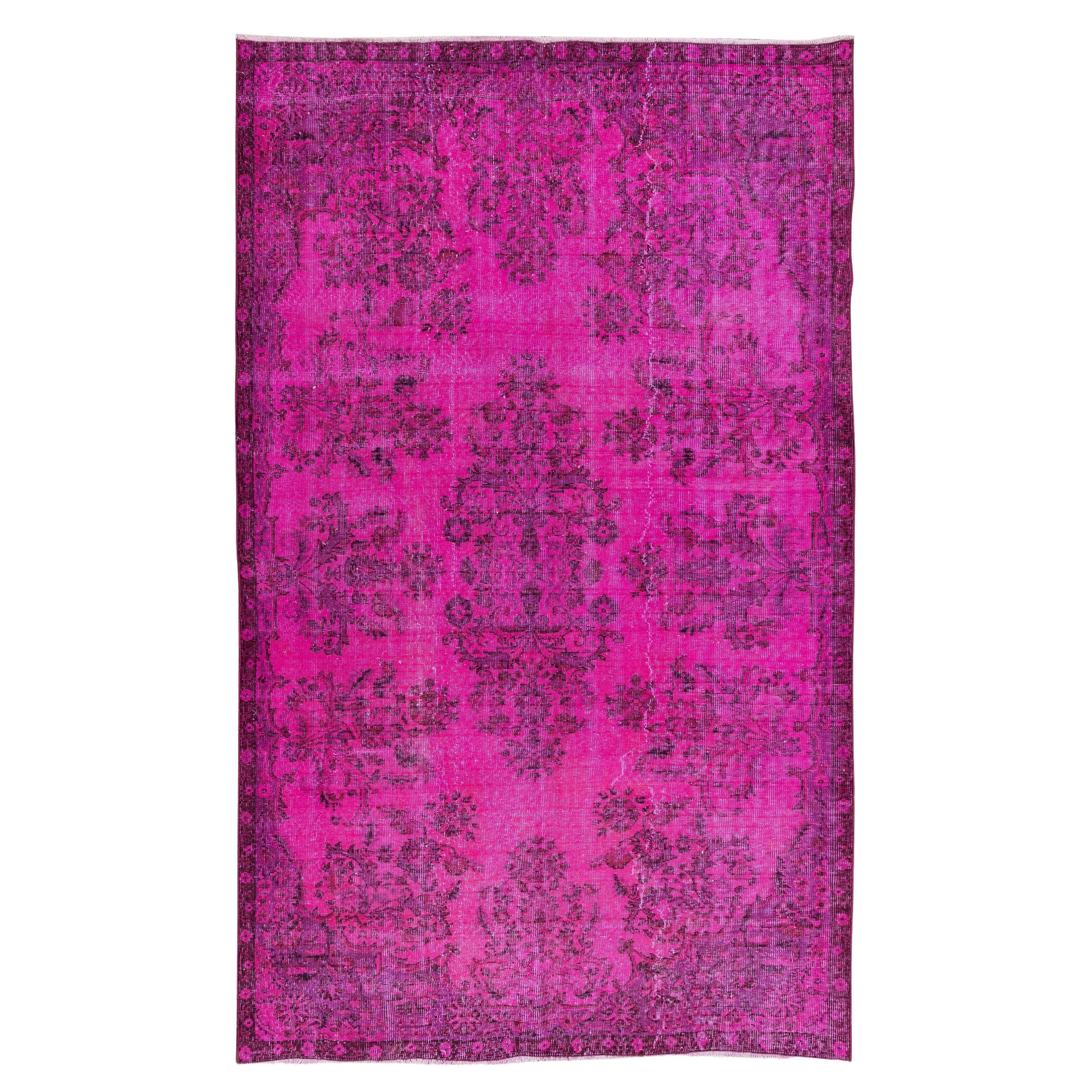 5.7x9.5 Ft Vintage Rug Over-Dyed in Pink for Living Room, Hand Knotted in Turkey For Sale