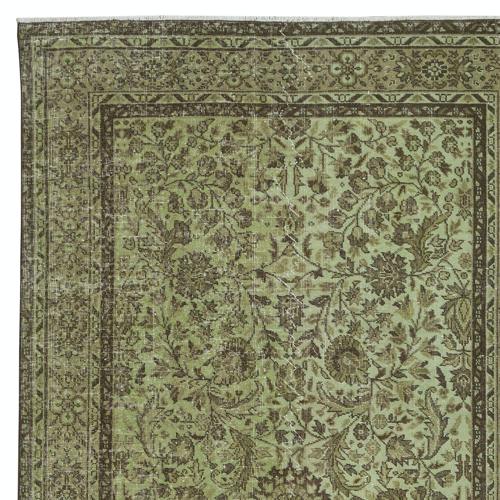 Hand-Knotted 5.7x9.6 Ft Modern Handmade Turkish Rug with Botanical Design & Green Background For Sale