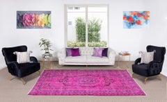 Vintage Handmade Turkish Wool Area Rug Over-Dyed in Fuchsia Pink