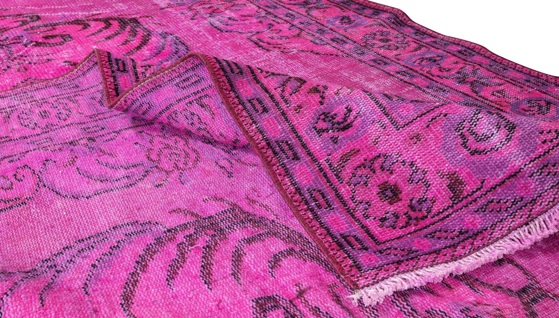 Modern Vintage Handmade Turkish Wool Area Rug Over-Dyed in Fuchsia Pink For Sale
