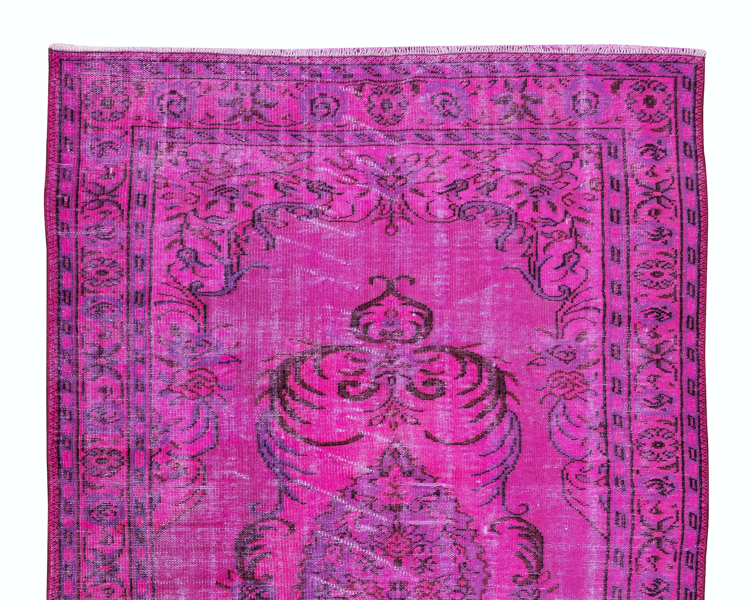 Hand-Knotted Vintage Handmade Turkish Wool Area Rug Over-Dyed in Fuchsia Pink For Sale